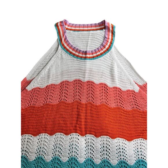 Sleeveless High Neck Sweater Top Sz XL Open Knit Colorful Crochet Blouse - Picture 4 of 7